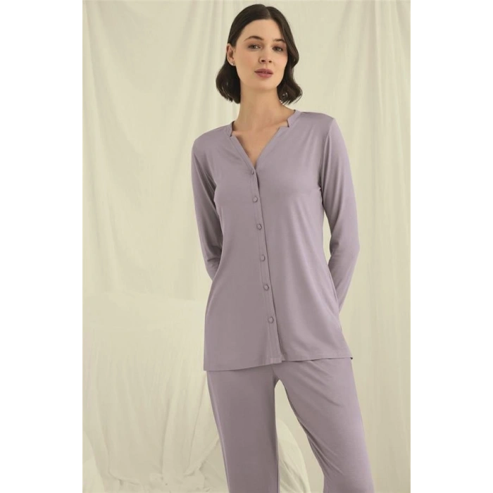 VipMarketim Uzun Kollu Boydan Düğmeli V Yaka Pijama Takımı