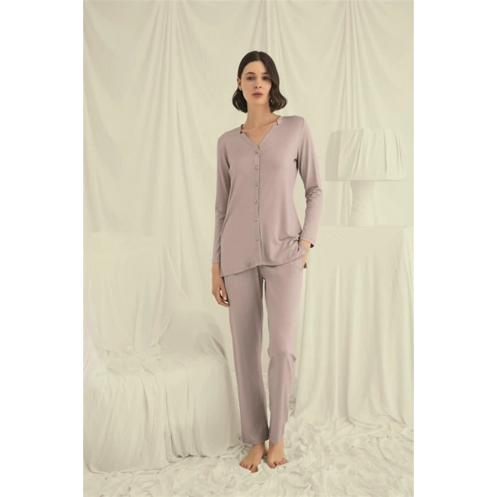 VipMarketim Uzun Kollu Boydan Düğmeli V Yaka Pijama Takımı