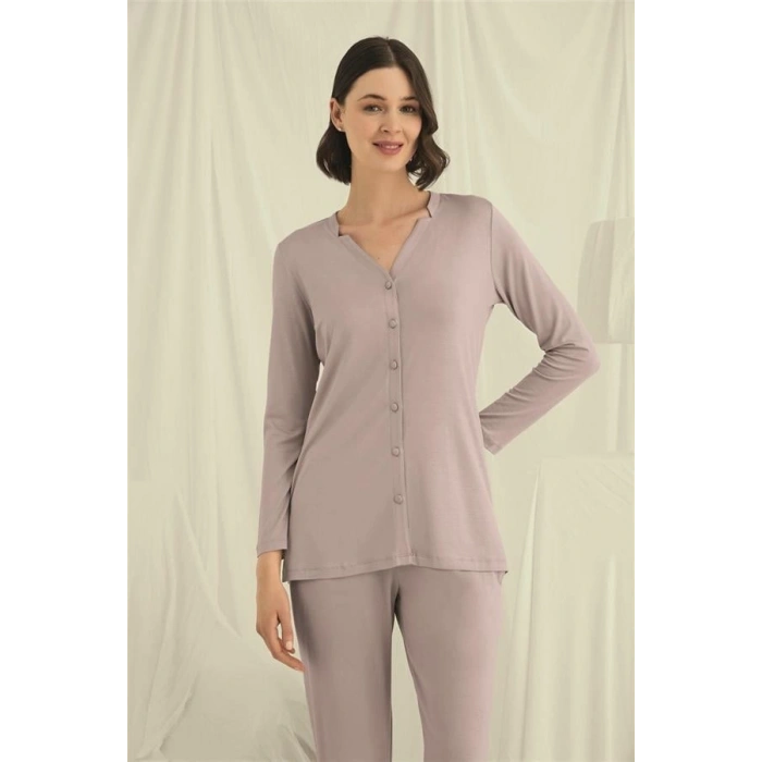 Vipmarketim Uzun Kollu Boydan Düğmeli V Yaka Pijama Takımı