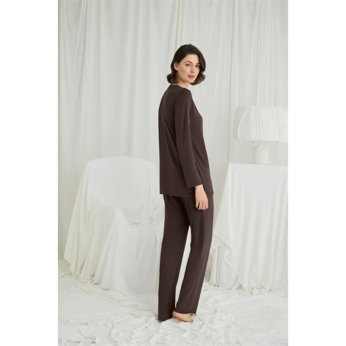 VipMarketim Uzun Kollu Boydan Düğmeli V Yaka Pijama Takımı