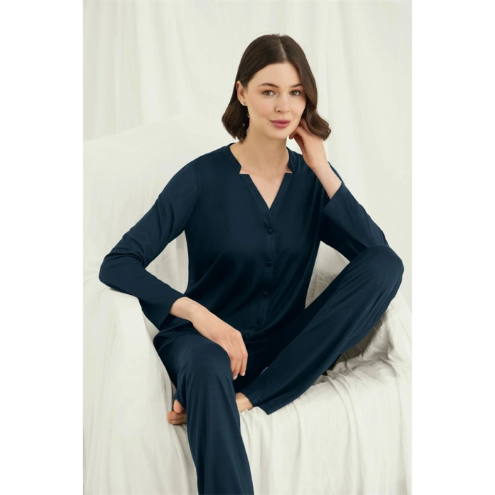 Vipmarketim Uzun Kollu Boydan Düğmeli V Yaka Pijama Takımı