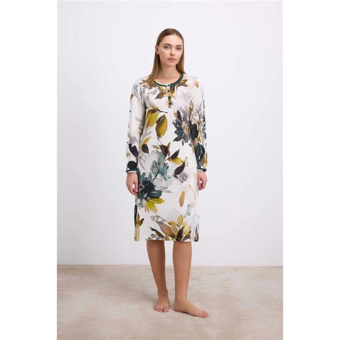 VipMarketim Uzun Kollu Çiçek Desenli Lenzing Viskon, Düğmeli Yaka Detaylı Gecelik