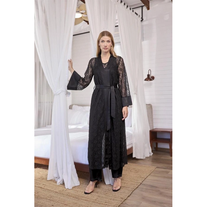 VipMarketim Uzun Kollu Dantelli Ve Kuşaklı Sabahlık