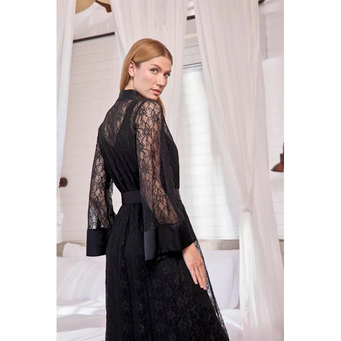 VipMarketim Uzun Kollu Dantelli Ve Kuşaklı Sabahlık