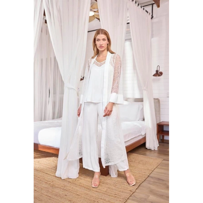 VipMarketim Uzun Kollu Dantelli Ve Kuşaklı Sabahlık