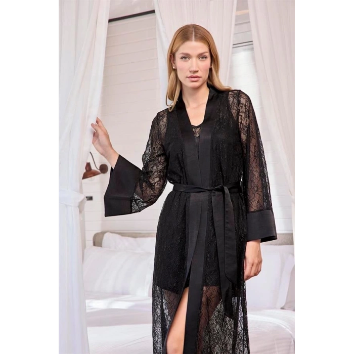 Vipmarketim Uzun Kollu Dantelli Ve Kuşaklı Sabahlık