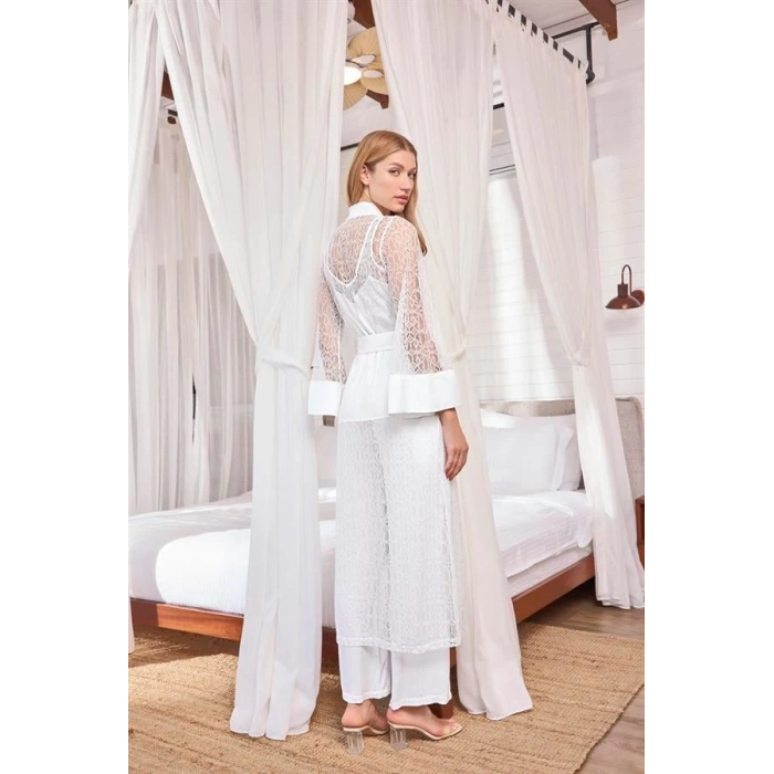 VipMarketim Uzun Kollu Dantelli Ve Kuşaklı Sabahlık