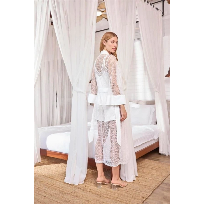 VipMarketim Uzun Kollu Dantelli Ve Kuşaklı Sabahlık