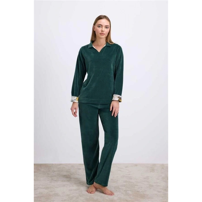 VipMarketim  Uzun Kollu Kadife Sweatshirt Ve Pantolon Pijama Takımı