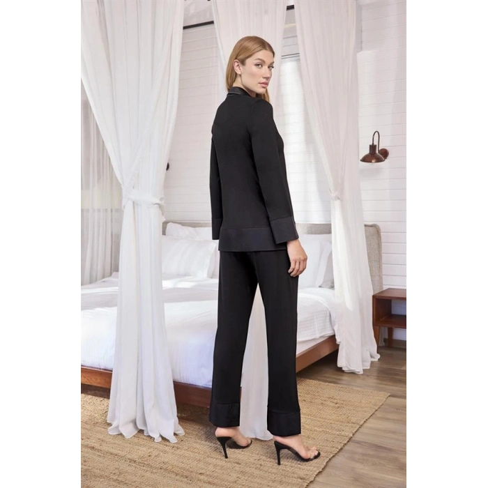 Vipmarketim Uzun Kollu Önü Düğmeli Gömlek Yaka Pijama Takımı