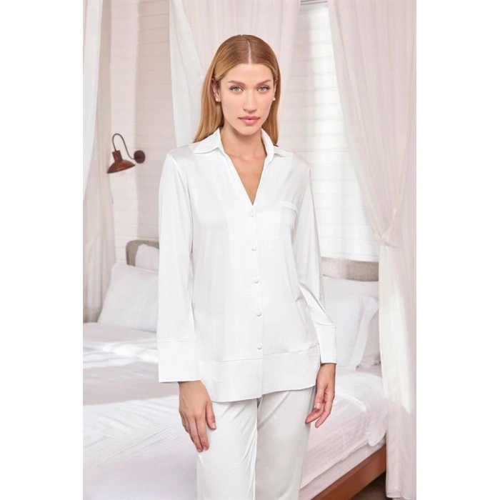Vipmarketim Uzun Kollu Önü Düğmeli Gömlek Yaka Pijama Takımı