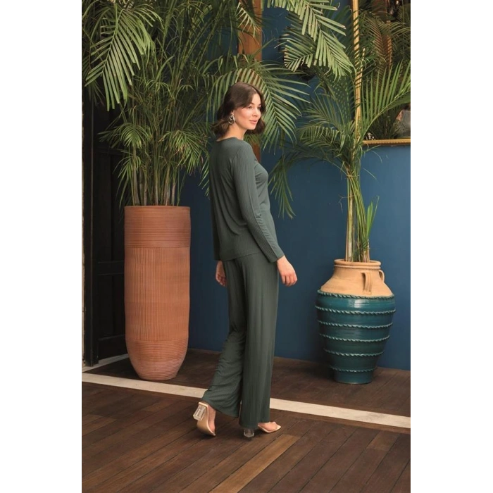 Vipmarketim Uzun Kollu Önü Düğmeli V Yaka Pijama Takımı