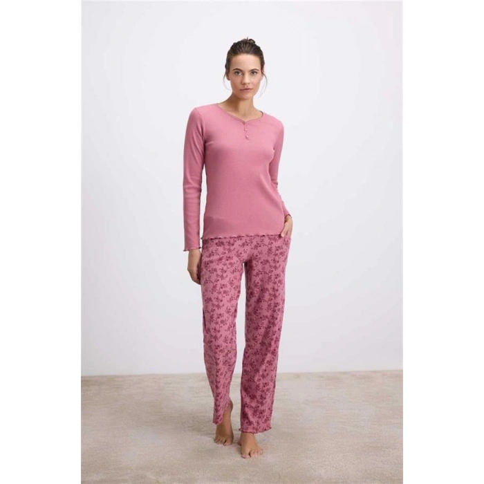 VipMarketim  Uzun Kollu T-shirt Ve Desenli Pantolon Pijama Takımı