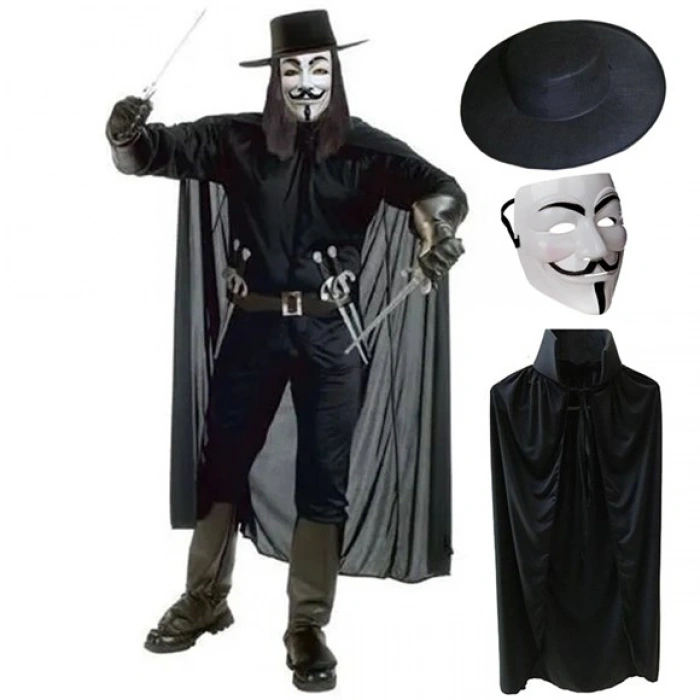 VipMarketim V For Vendetta Maskesi Şapka Pelerin Seti