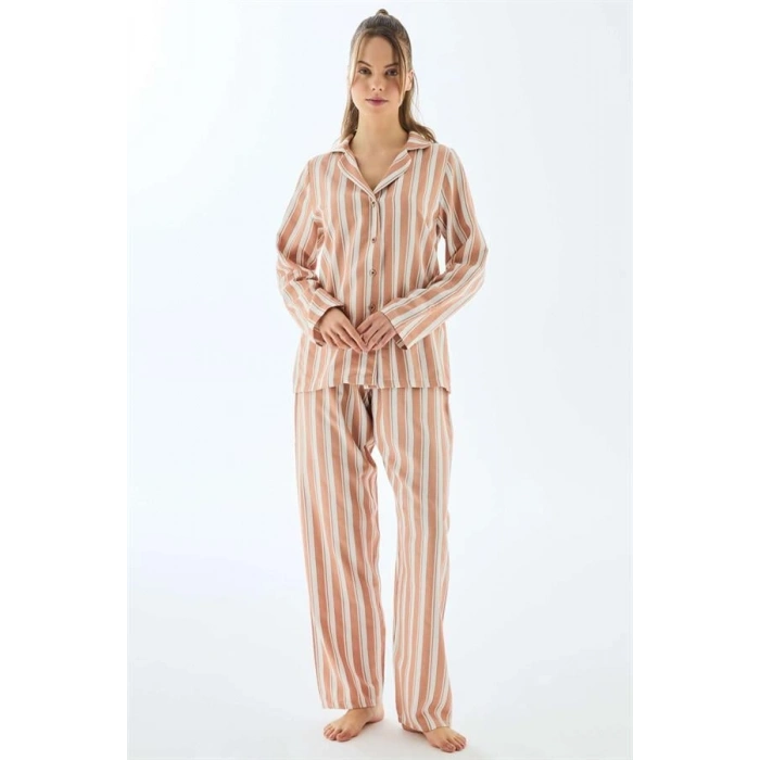 VipMarketim Viscose Çizgili Gömlek Pantolon Pijama Takımı