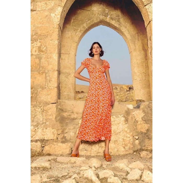 VipMarketim Viskon Çiçek Desenli Kısa Kollu Elbise