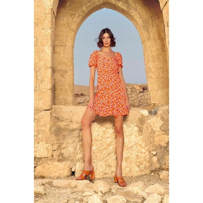 VipMarketim Viskon Çiçek Desenli Kısa Kollu Elbise