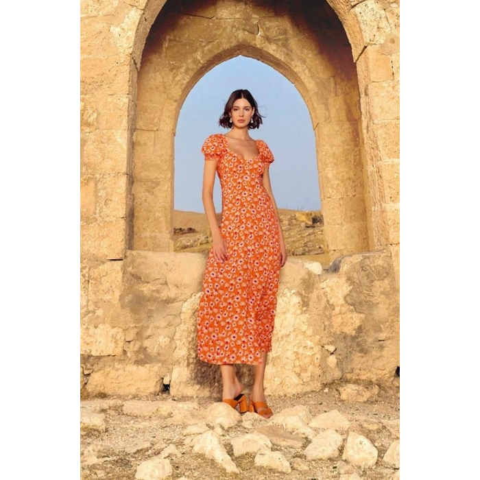 VipMarketim Viskon Çiçek Desenli Kısa Kollu Elbise