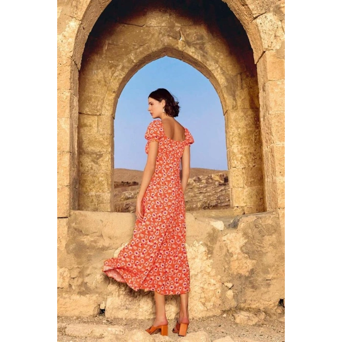 VipMarketim Viskon Çiçek Desenli Kısa Kollu Elbise