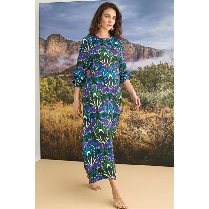 Vipmarketim % Viskon Çiçek Desenli Truvakar Kollu Saten Elbise (kod:100)