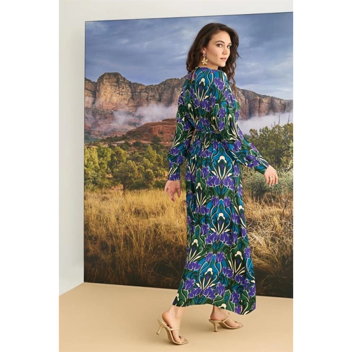 Vipmarketim % Viskon Çiçek Desenli Truvakar Kollu Saten Elbise (kod:100)