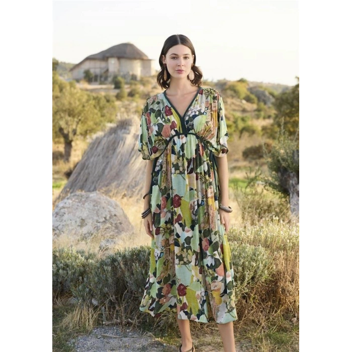 VipMarketim % Viskon Çiçek Ve Yaprak Desenli Kısa Kollu Elbise (Kod:100)