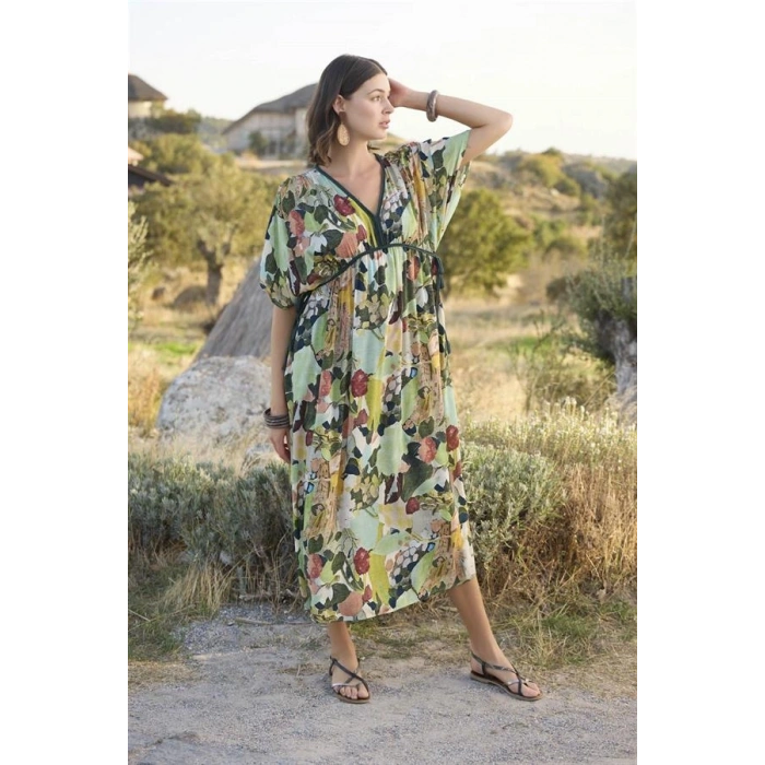 Vipmarketim % Viskon Çiçek Ve Yaprak Desenli Kısa Kollu Elbise (kod:100)