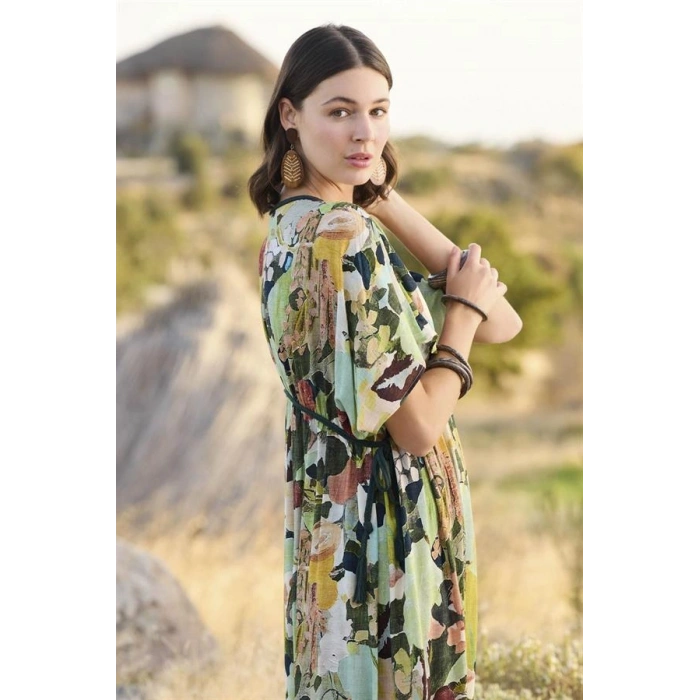 Vipmarketim % Viskon Çiçek Ve Yaprak Desenli Kısa Kollu Elbise (kod:100)