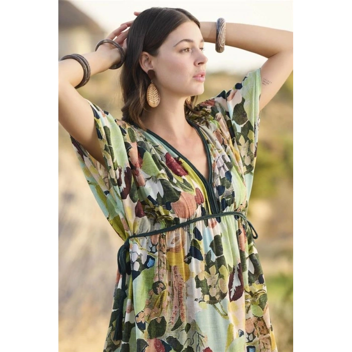 Vipmarketim % Viskon Çiçek Ve Yaprak Desenli Kısa Kollu Elbise (kod:100)