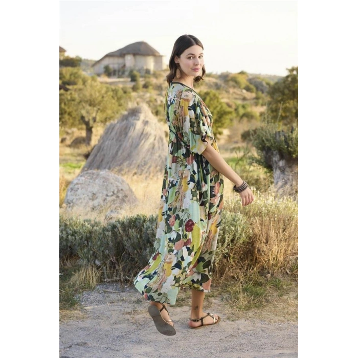 Vipmarketim % Viskon Çiçek Ve Yaprak Desenli Kısa Kollu Elbise (kod:100)