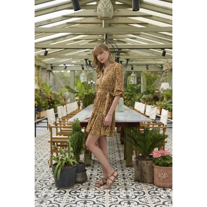 Vipmarketim % Viskon Çiçek Ve Yaprak Desenli Kuşaklı Elbise (kod:100)