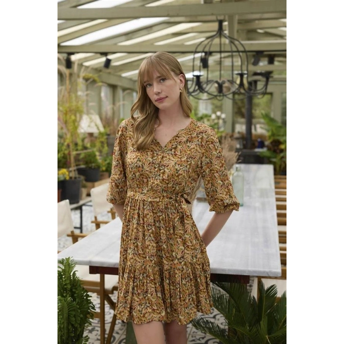 Vipmarketim % Viskon Çiçek Ve Yaprak Desenli Kuşaklı Elbise (kod:100)