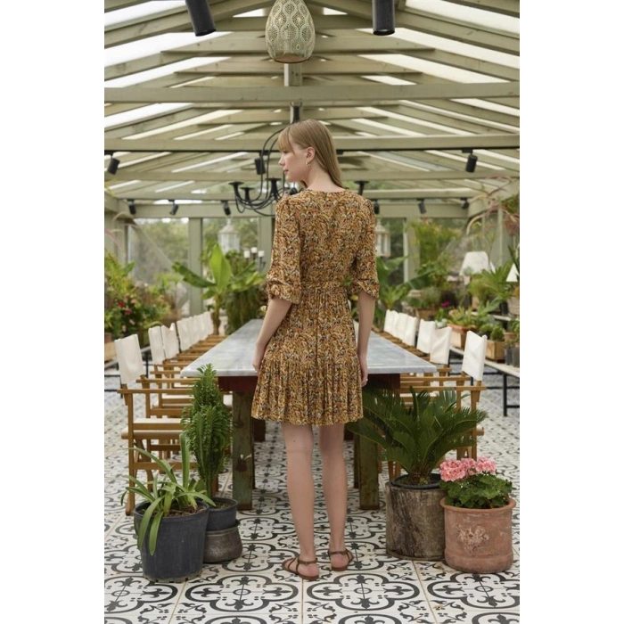 VipMarketim % Viskon Çiçek Ve Yaprak Desenli Kuşaklı Elbise (Kod:100)