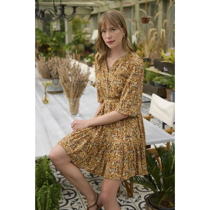 Vipmarketim % Viskon Çiçek Ve Yaprak Desenli Kuşaklı Elbise (kod:100)