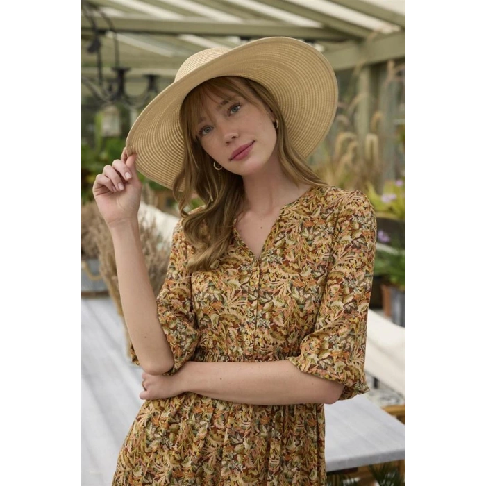 VipMarketim % Viskon Çiçek Ve Yaprak Desenli Kuşaklı Elbise (Kod:100)