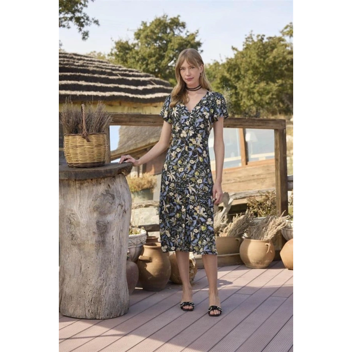 Vipmarketim % Viskon Çiçek Ve Yaprak Desenli Önü Düğmeli Elbise (kod:100)