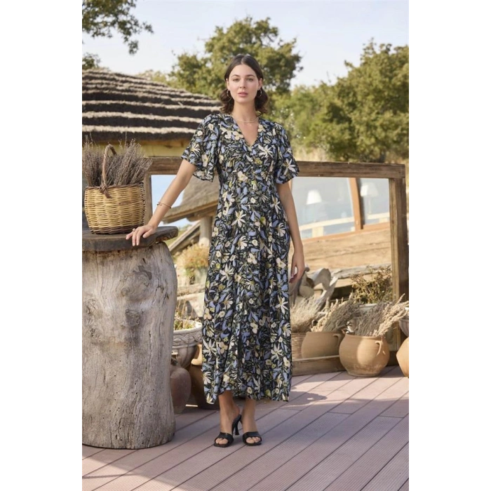 Vipmarketim % Viskon Çiçek Ve Yaprak Desenli Önü Düğmeli Elbise (kod:100)