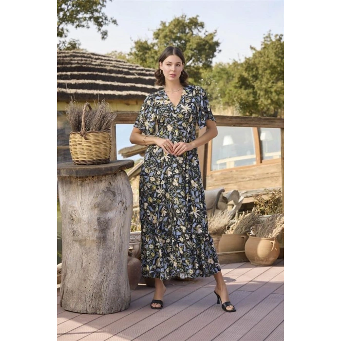 Vipmarketim % Viskon Çiçek Ve Yaprak Desenli Önü Düğmeli Elbise (kod:100)