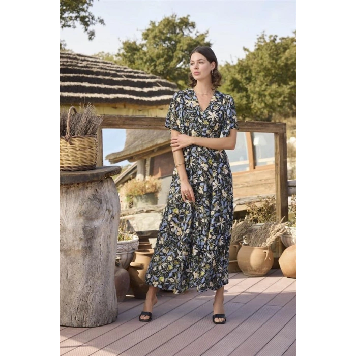 Vipmarketim % Viskon Çiçek Ve Yaprak Desenli Önü Düğmeli Elbise (kod:100)