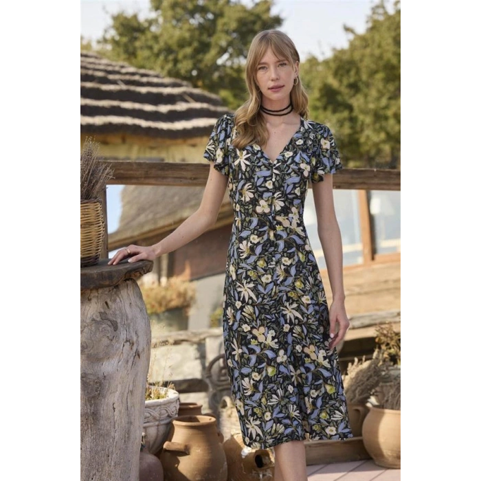 Vipmarketim % Viskon Çiçek Ve Yaprak Desenli Önü Düğmeli Elbise (kod:100)