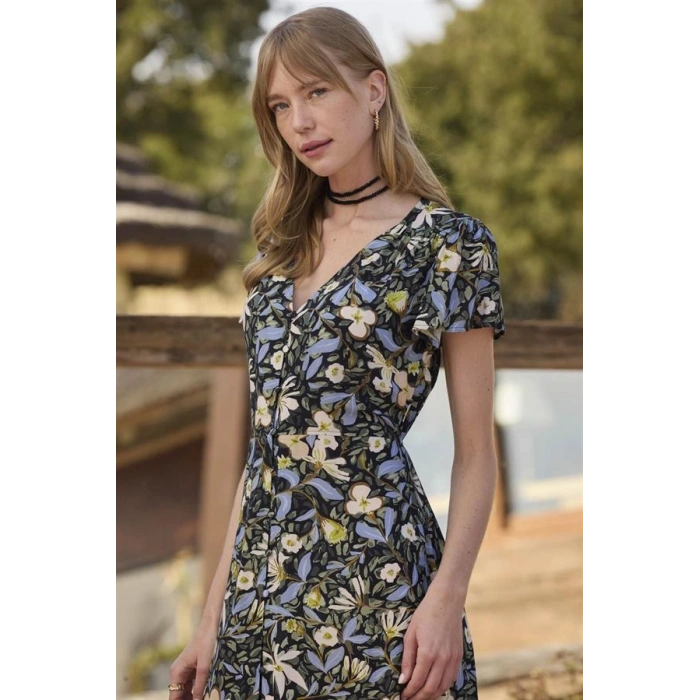 Vipmarketim % Viskon Çiçek Ve Yaprak Desenli Önü Düğmeli Elbise (kod:100)