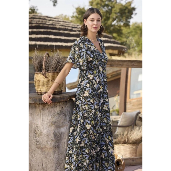 Vipmarketim % Viskon Çiçek Ve Yaprak Desenli Önü Düğmeli Elbise (kod:100)