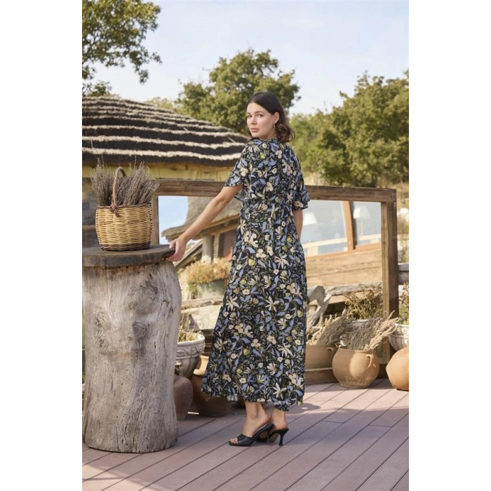 Vipmarketim % Viskon Çiçek Ve Yaprak Desenli Önü Düğmeli Elbise (kod:100)