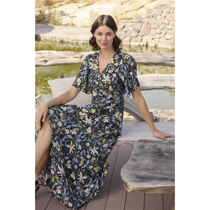 Vipmarketim % Viskon Çiçek Ve Yaprak Desenli Önü Düğmeli Elbise (kod:100)