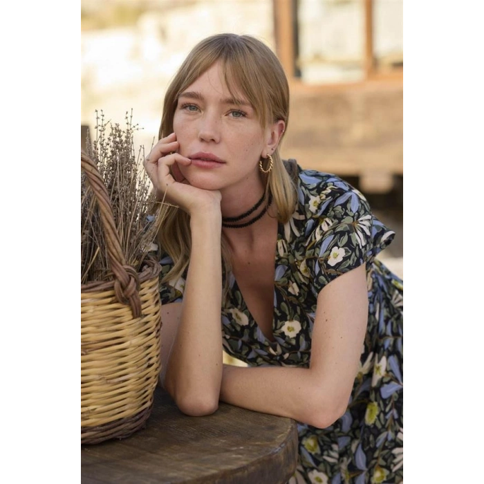 Vipmarketim % Viskon Çiçek Ve Yaprak Desenli Önü Düğmeli Elbise (kod:100)