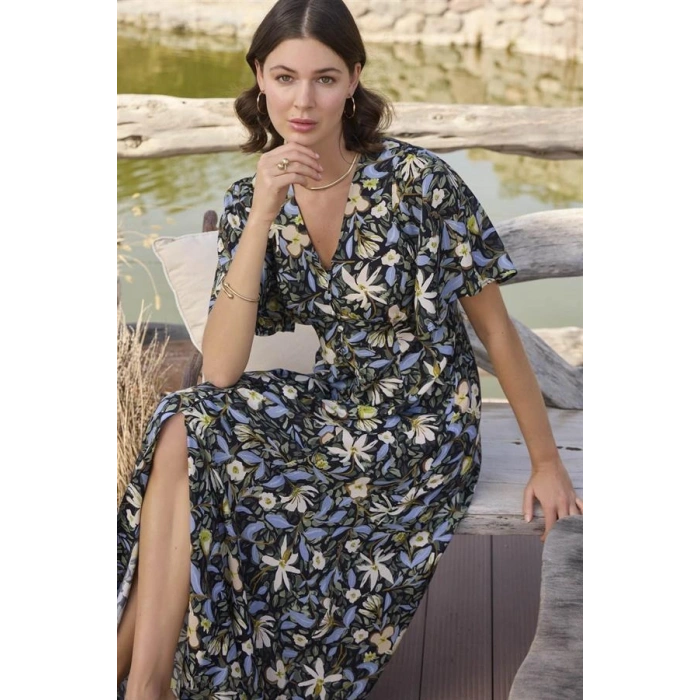 Vipmarketim % Viskon Çiçek Ve Yaprak Desenli Önü Düğmeli Elbise (kod:100)