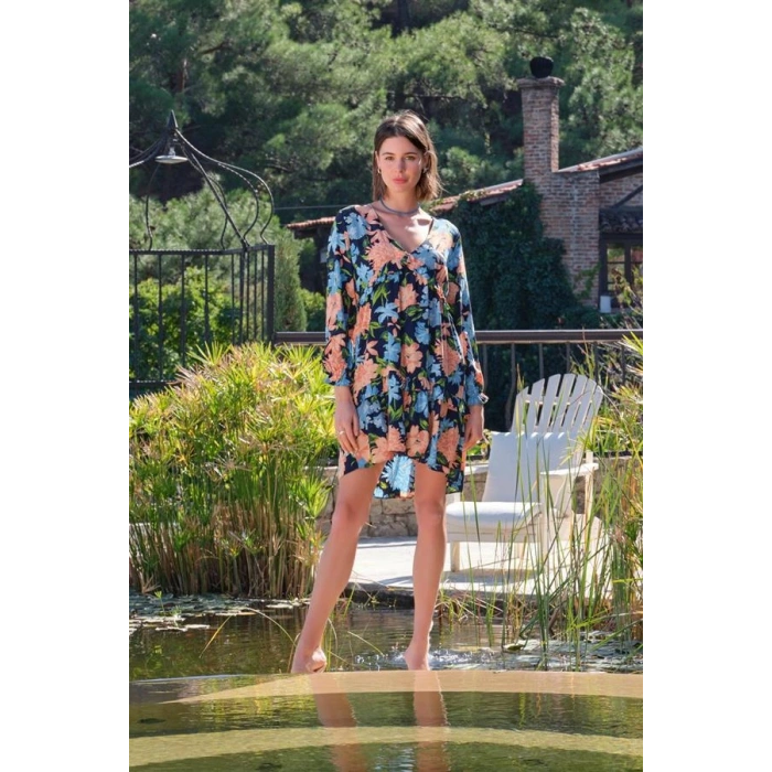 Vipmarketim Viskon Çiçek Ve Yaprak Desenli Uzun Kollu Elbise