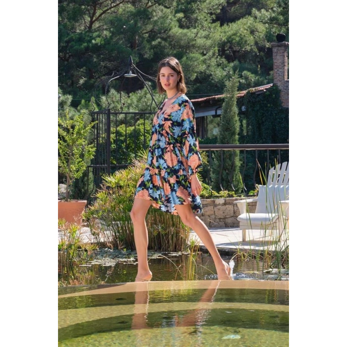 VipMarketim Viskon Çiçek Ve Yaprak Desenli Uzun Kollu Elbise