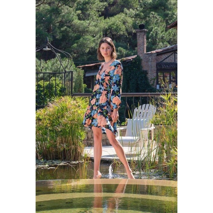 Vipmarketim Viskon Çiçek Ve Yaprak Desenli Uzun Kollu Elbise