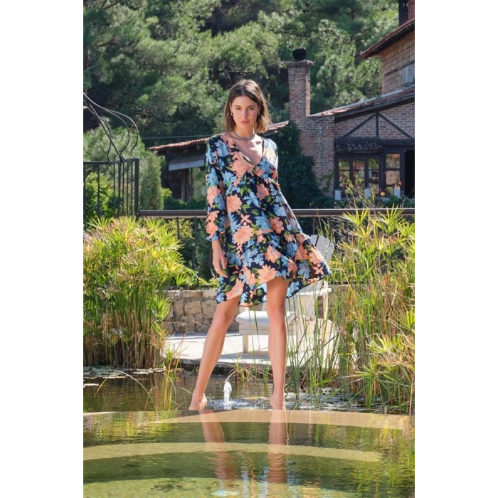 VipMarketim Viskon Çiçek Ve Yaprak Desenli Uzun Kollu Elbise